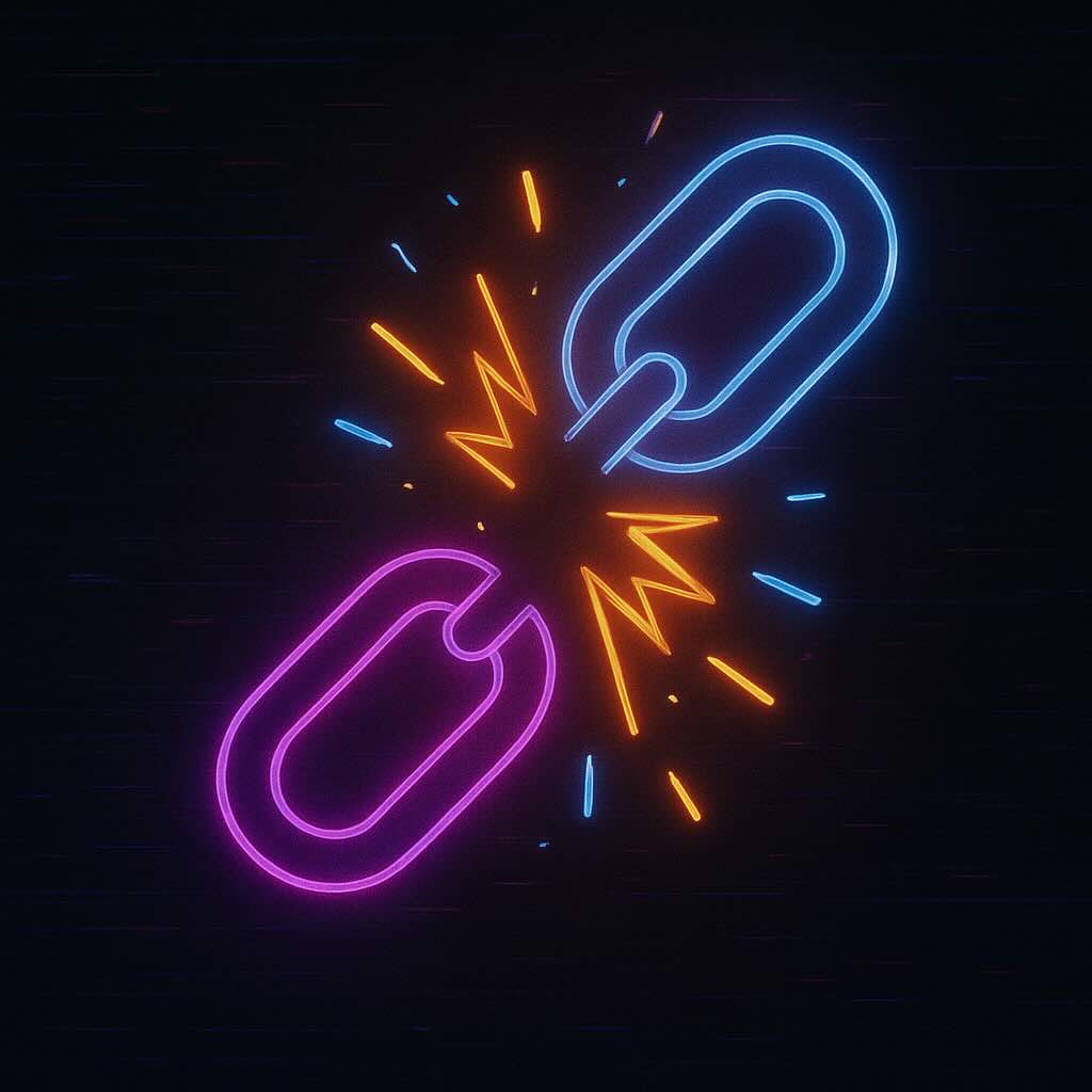 Neon-style illustration of a broken chain link with orange sparks highlighting the break.