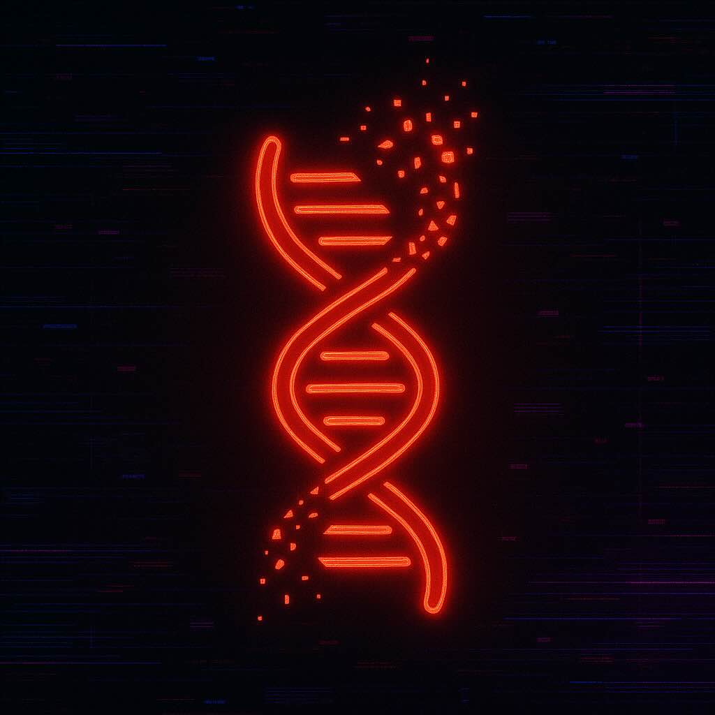 Glowing red neon DNA double helix with pixelated segments on a dark background.