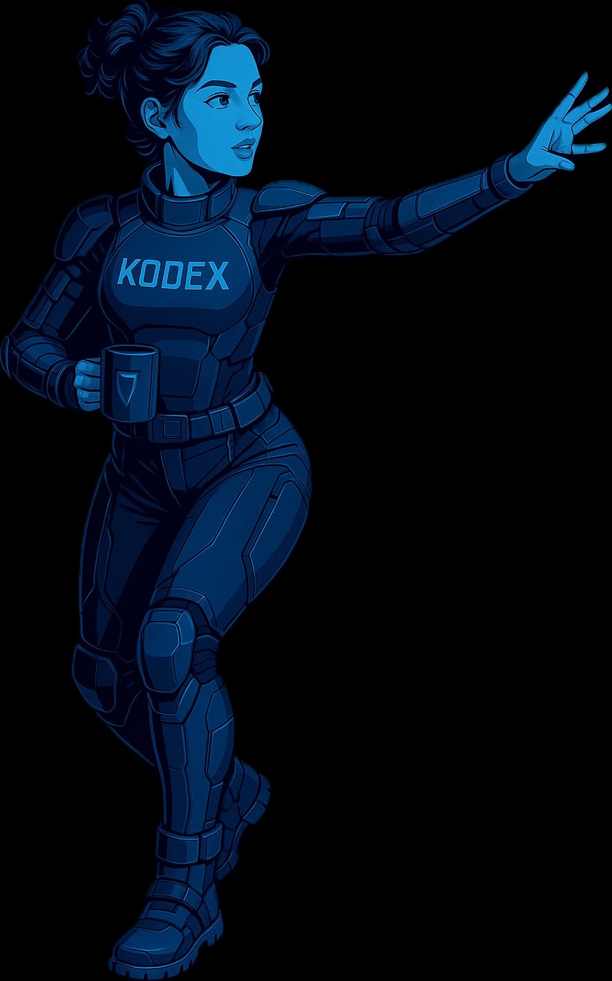 Woman in futuristic armor with KODEX on the chest holding a mug and reaching forward.