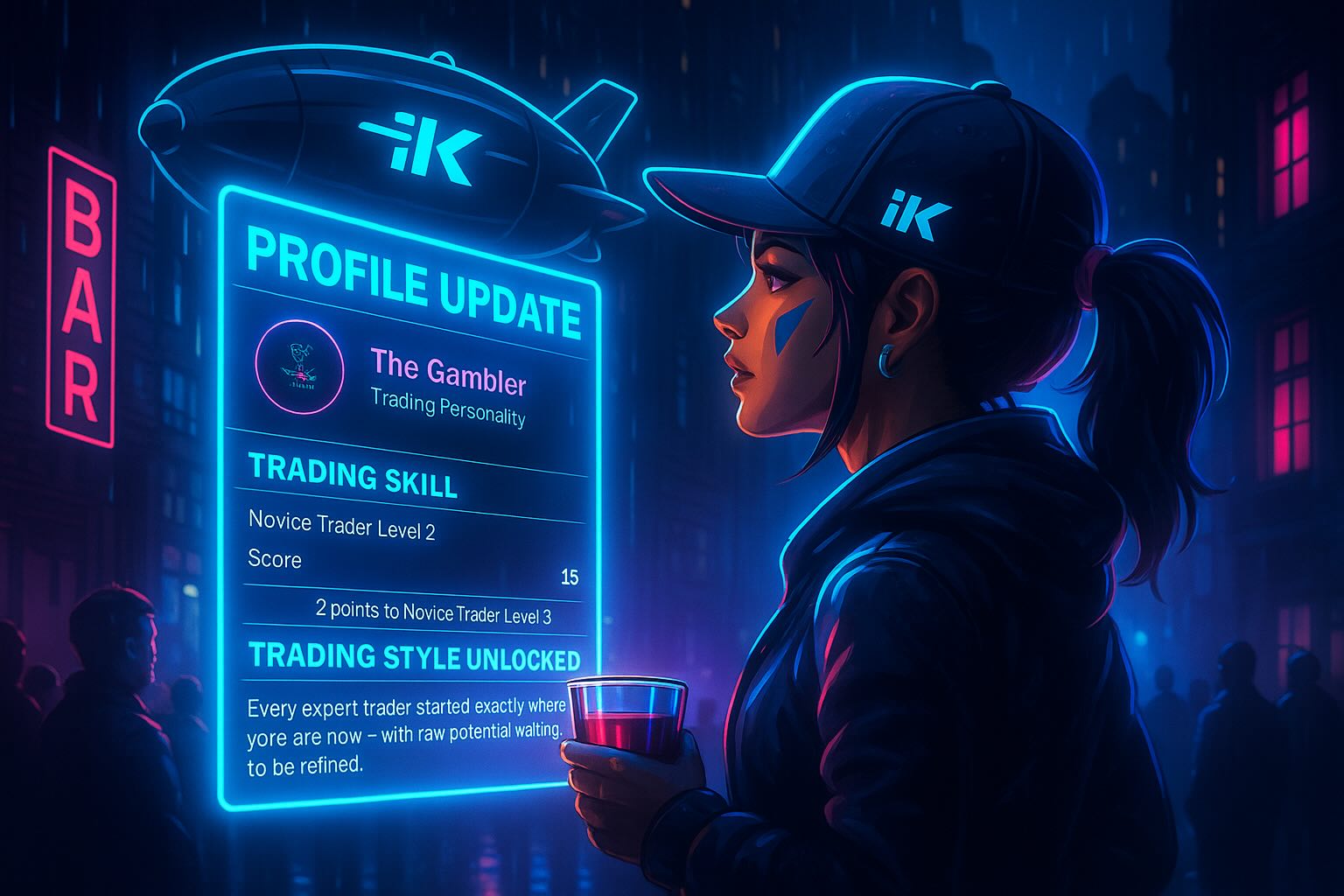 Young woman in a cap holding a drink, looking at a glowing neon profile screen showing trading skills on a rainy cyberpunk street.
