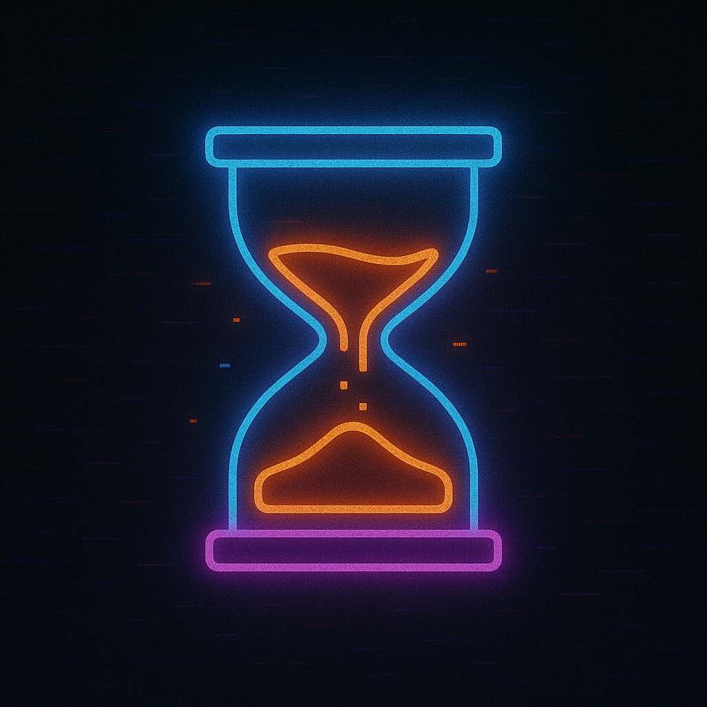 Neon-style illustration of an hourglass with blue outline, orange sand inside, and purple base on a dark background.