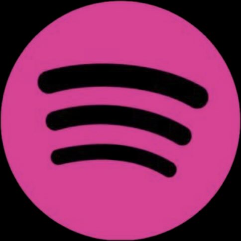 Black Spotify logo with three curved lines on a magenta circular background.